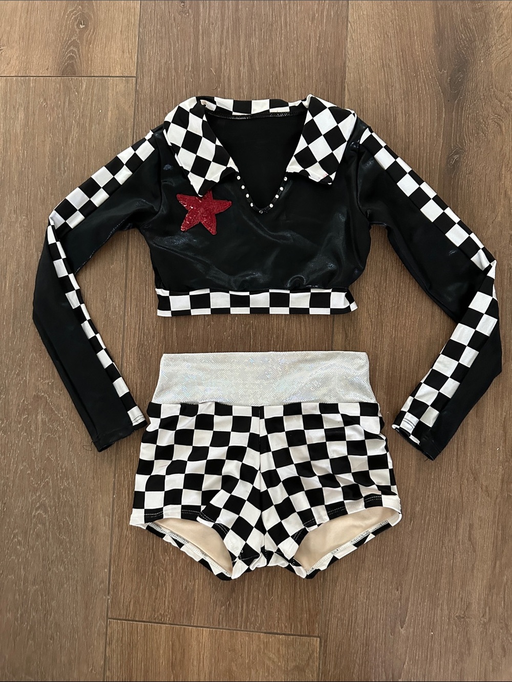 Pumpers Black & White Checkered Kids dance/jazz  outfit with Red Star Accent.
